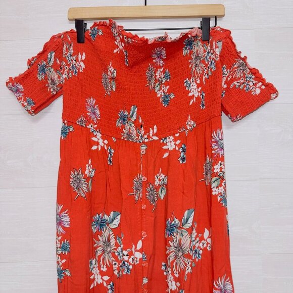 Xhilaration Orange Floral Print Short Sleeve Smocked Button Front Midi Dress - Picture 4 of 6